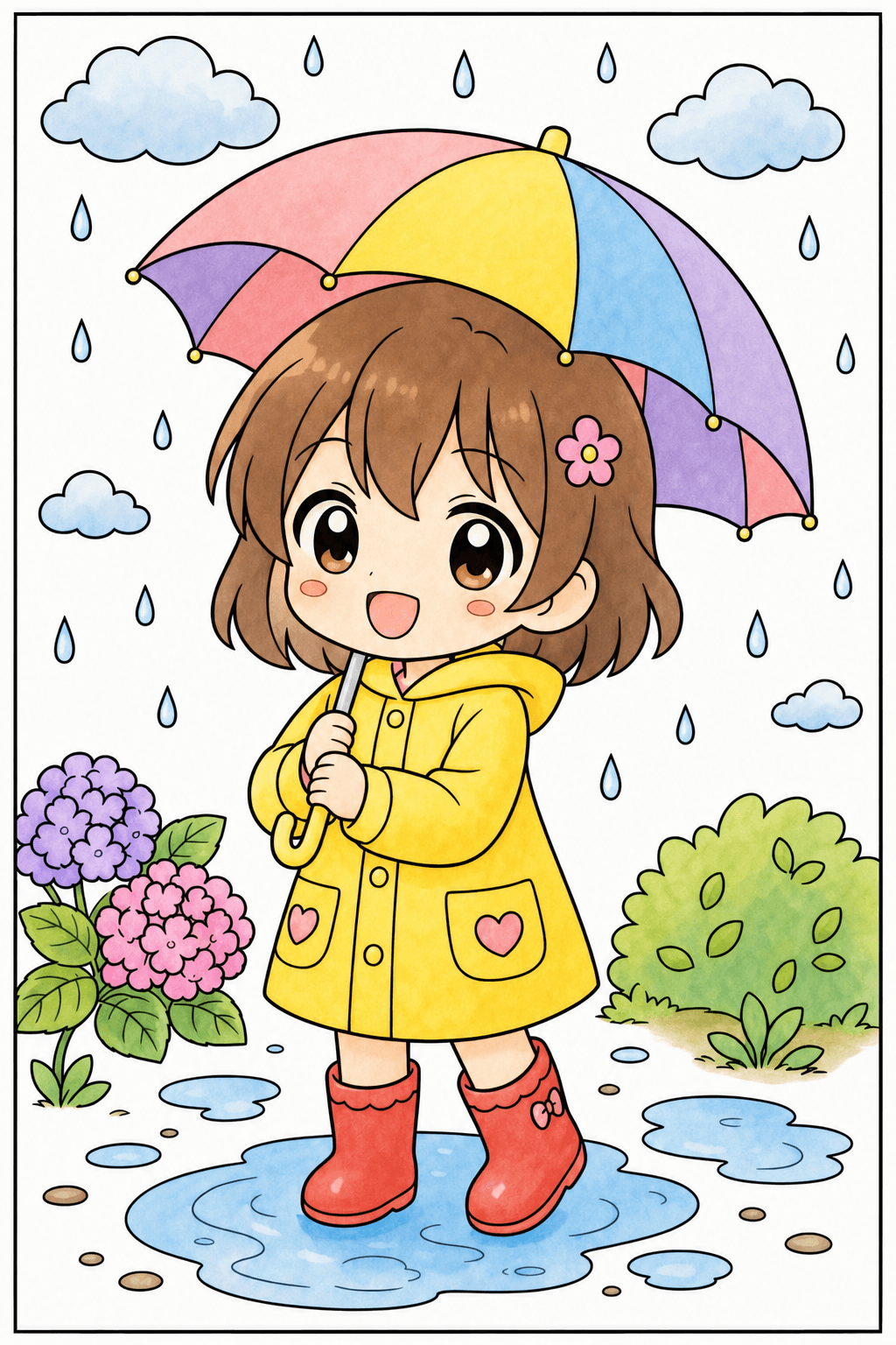 Chibi Child Standing in a Rainy Garden storybook colorized preview