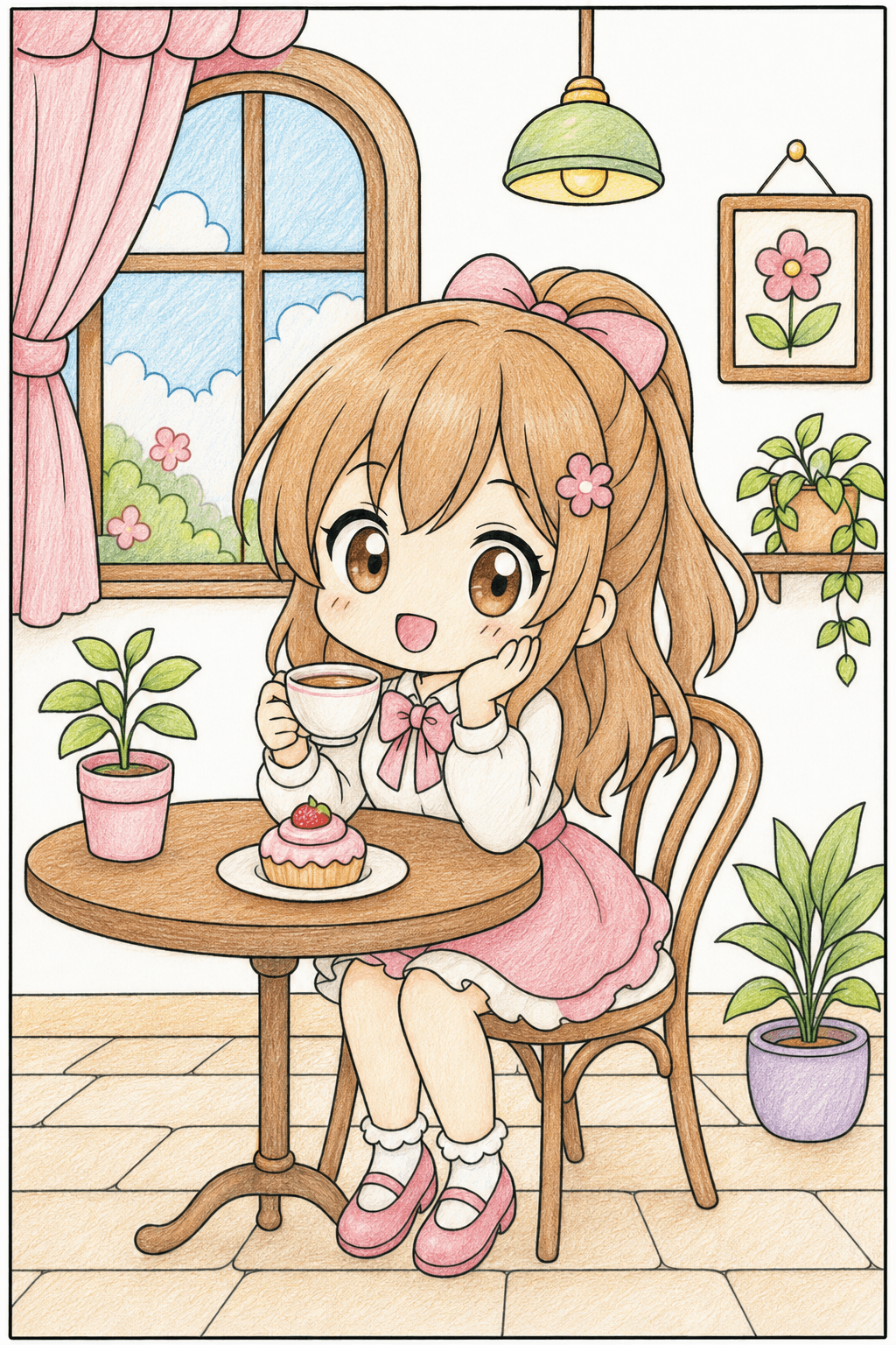 Chibi Girl Enjoying Tea at a Cafe Table colored-pencil colorized preview