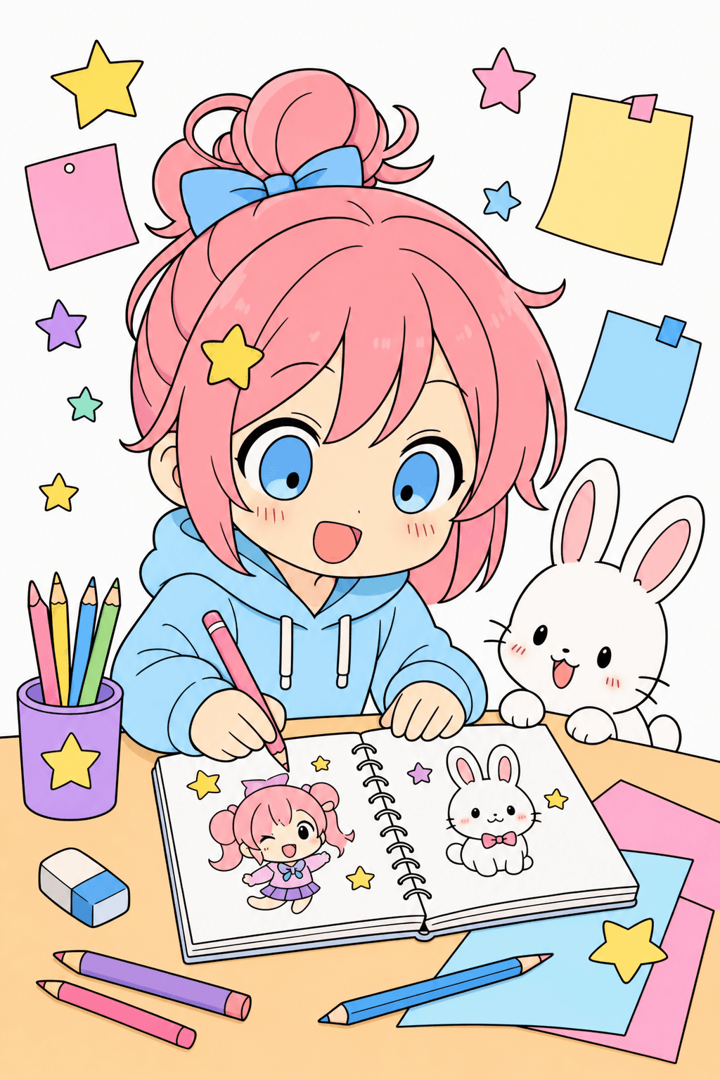 Chibi Girl Drawing in a Sketchbook with a Bunny clean-digital colorized preview