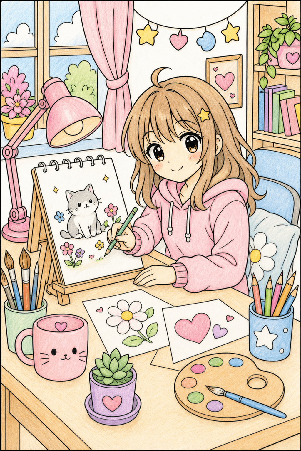 Anime Girl Drawing at Her Art Desk colored-pencil colorized preview