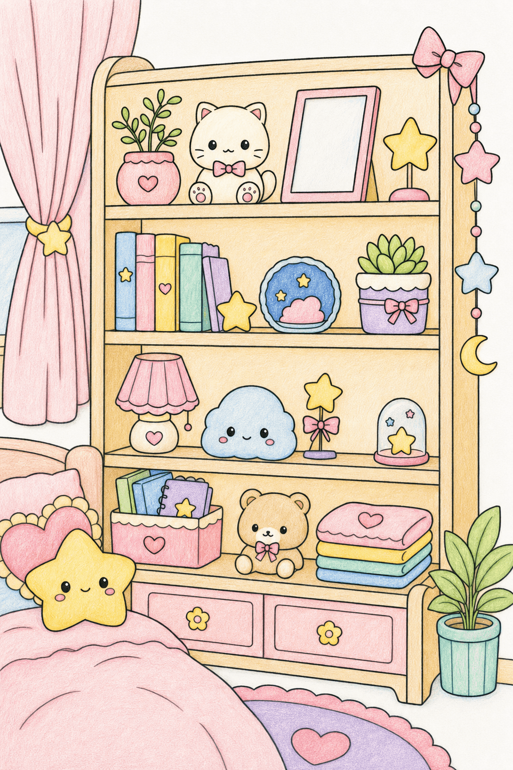 Cute Bedroom Bookshelf with a Star Pillow colored-pencil colorized preview