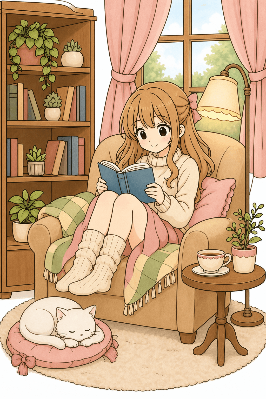 Anime Girl Reading in a Cozy Armchair storybook colorized preview