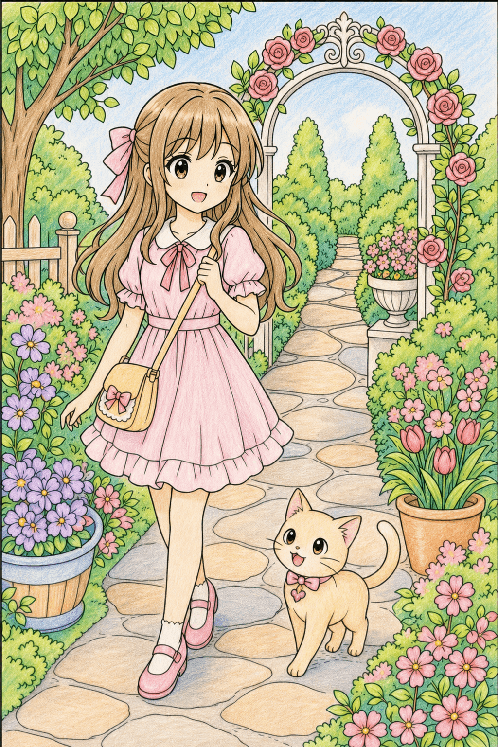 Anime Girl and Cat Walking Through a Garden colored-pencil colorized preview