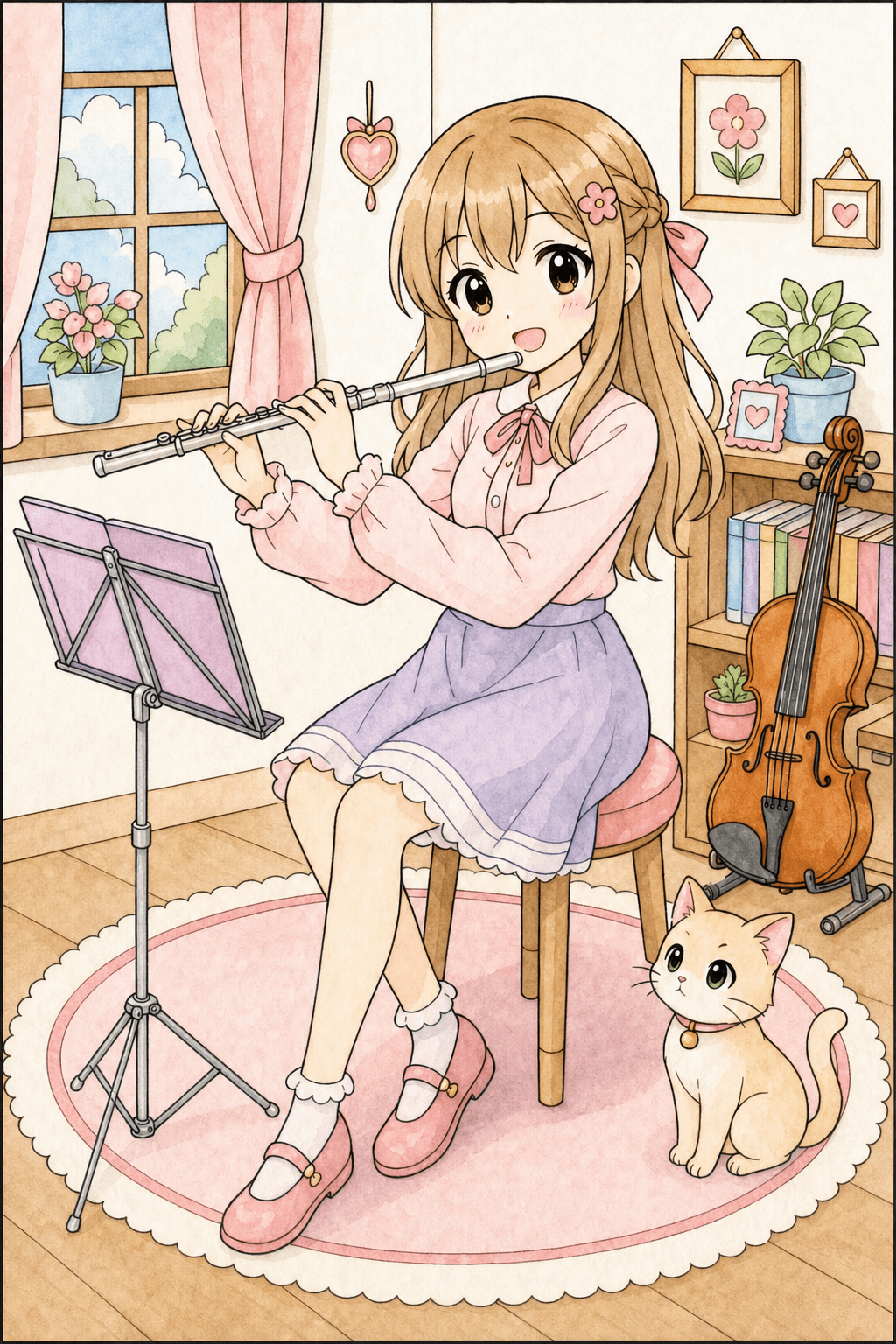 Anime Girl Practicing Flute in a Music Room watercolor colorized preview