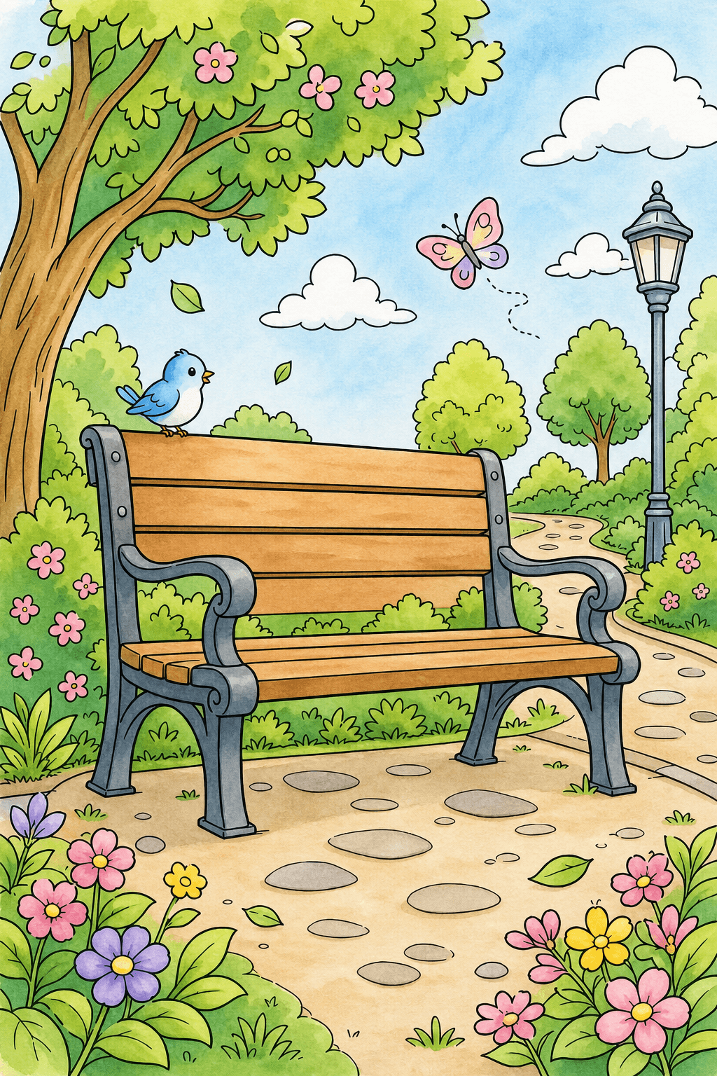 Park Bench with a Bird and Butterfly watercolor colorized preview