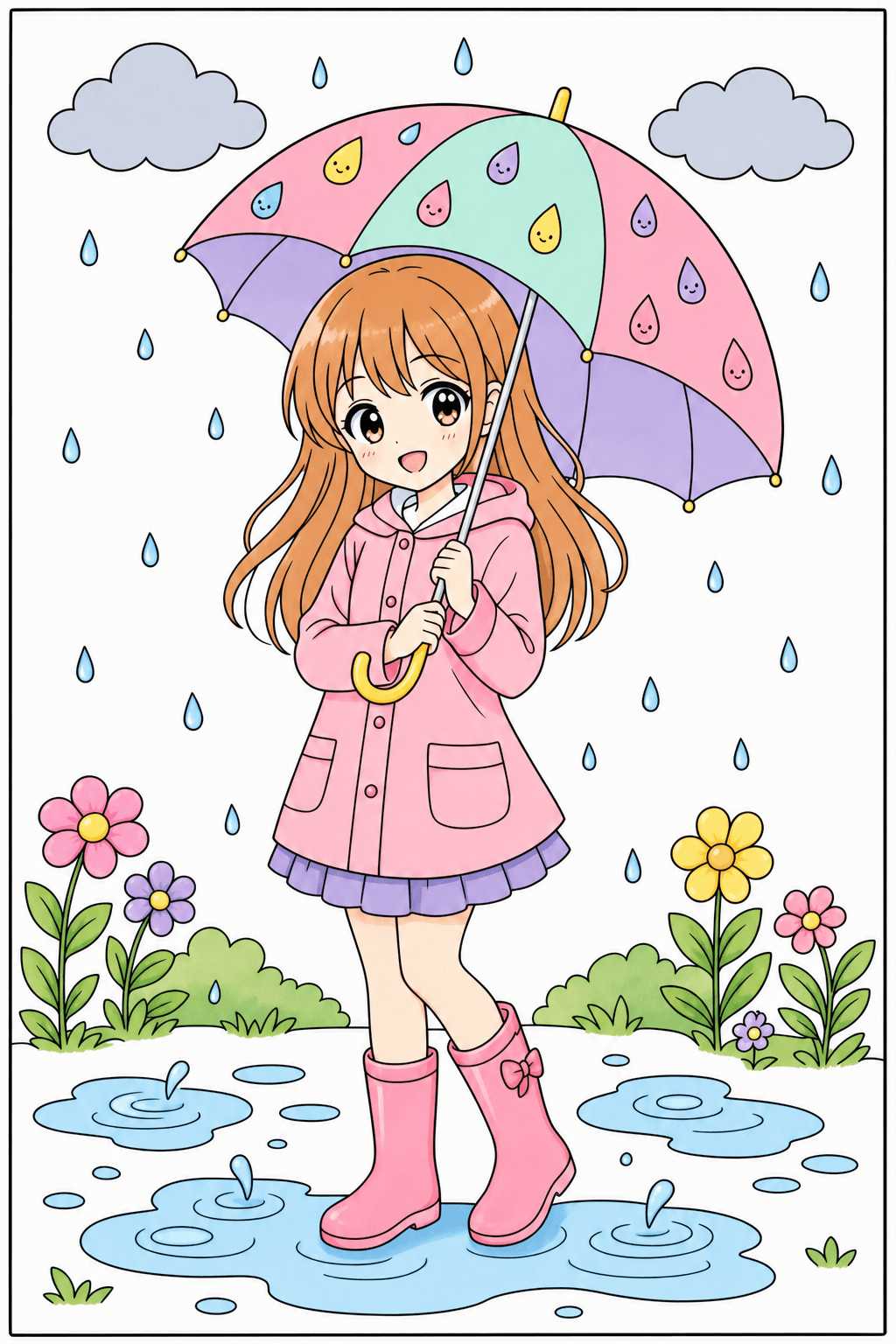 Anime Girl Under a Raindrop-Patterned Umbrella clean-digital colorized preview