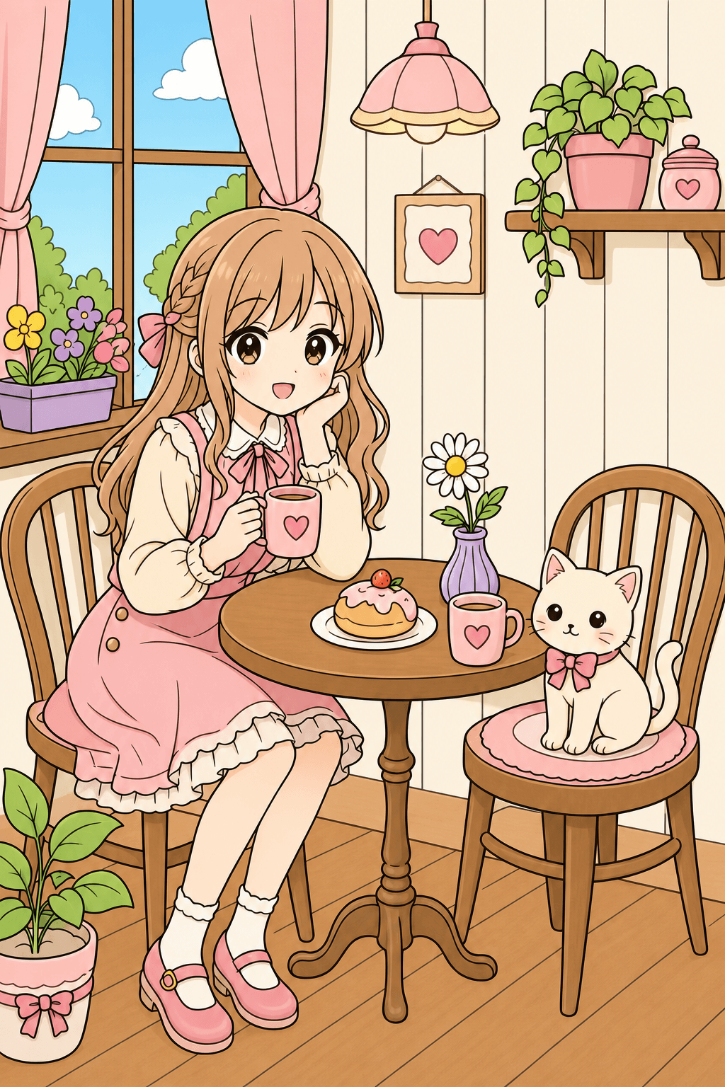 Anime Girl Sharing a Cafe Table with a Cat clean-digital colorized preview