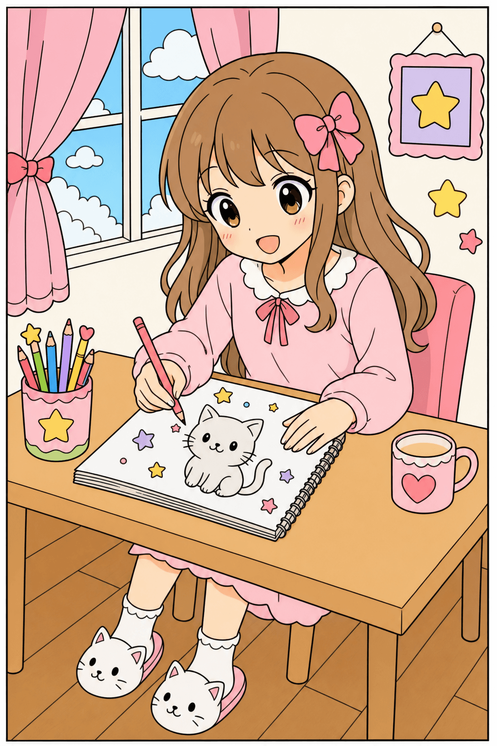 Anime Girl Drawing a Kitten in Her Sketchbook clean-digital colorized preview
