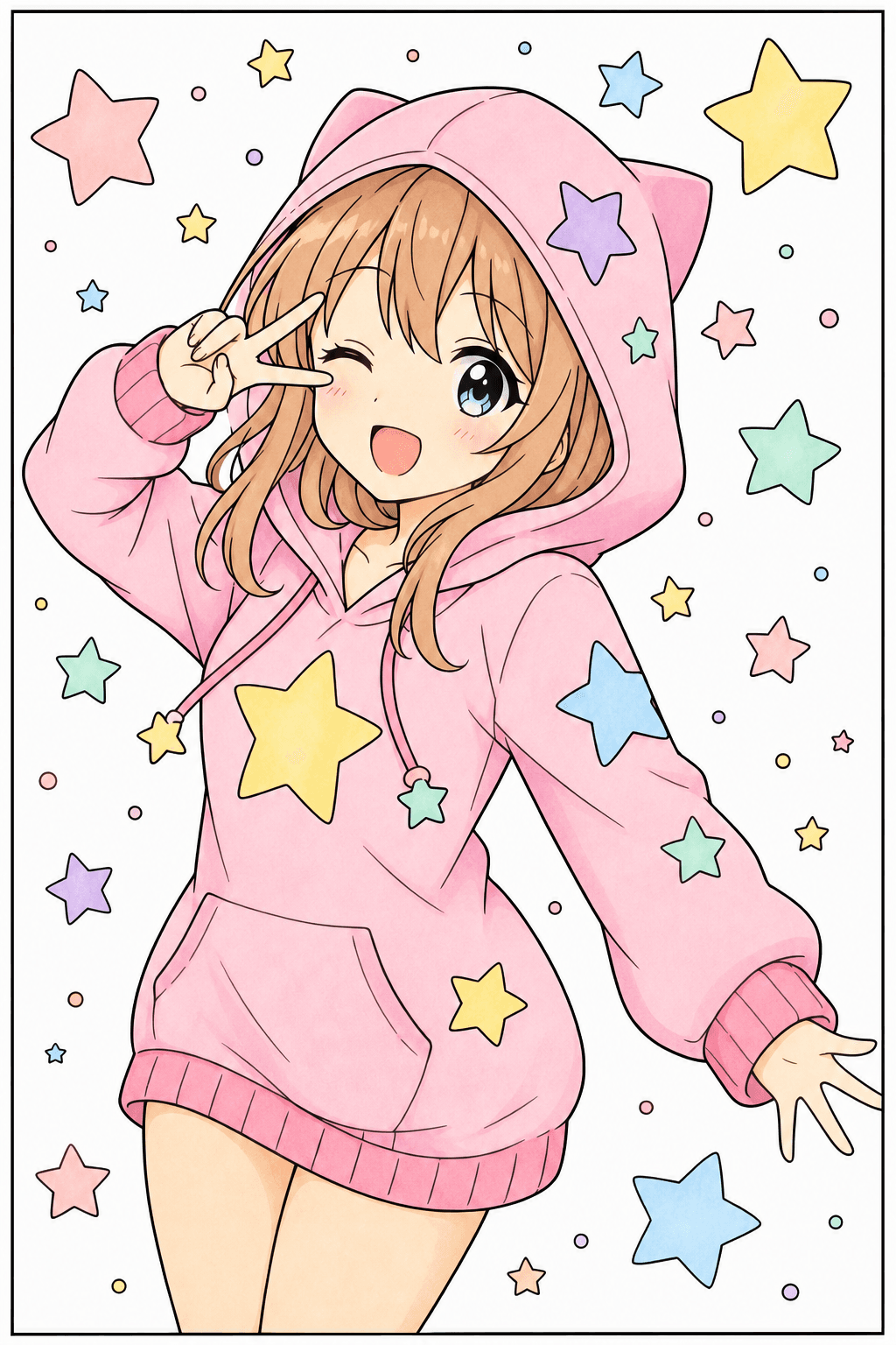 Anime Girl Posing in a Cat-Ear Star Hoodie storybook colorized preview
