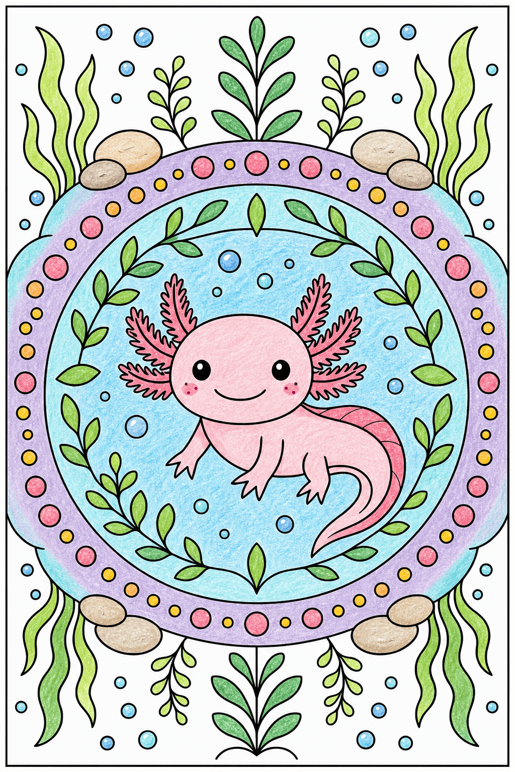Axolotl Mandala with Aquarium Plants crayon colorized preview