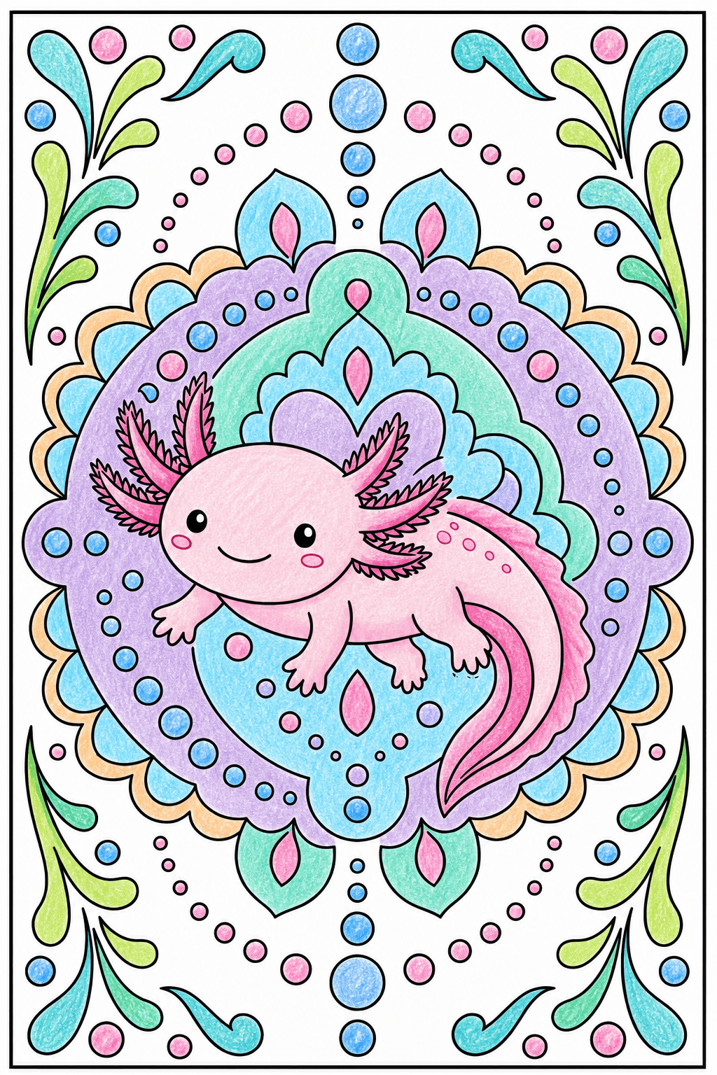 Axolotl Surrounded by a Bubble Mandala crayon colorized preview
