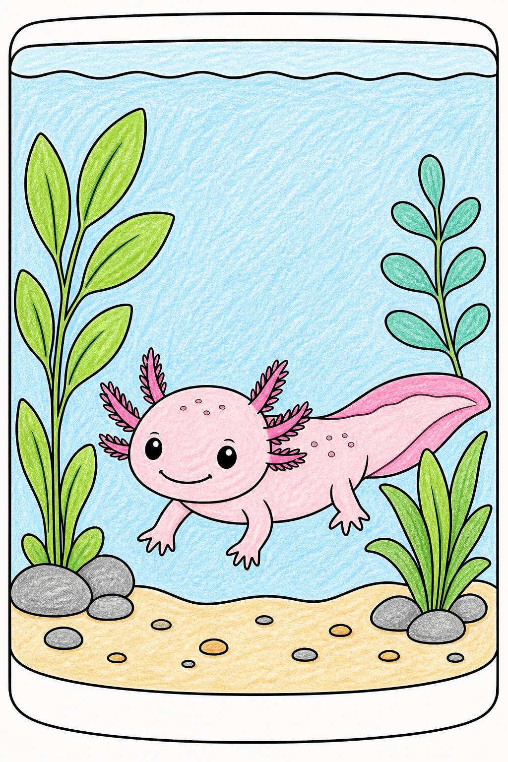 Baby Axolotl Swimming in an Aquarium crayon colorized preview