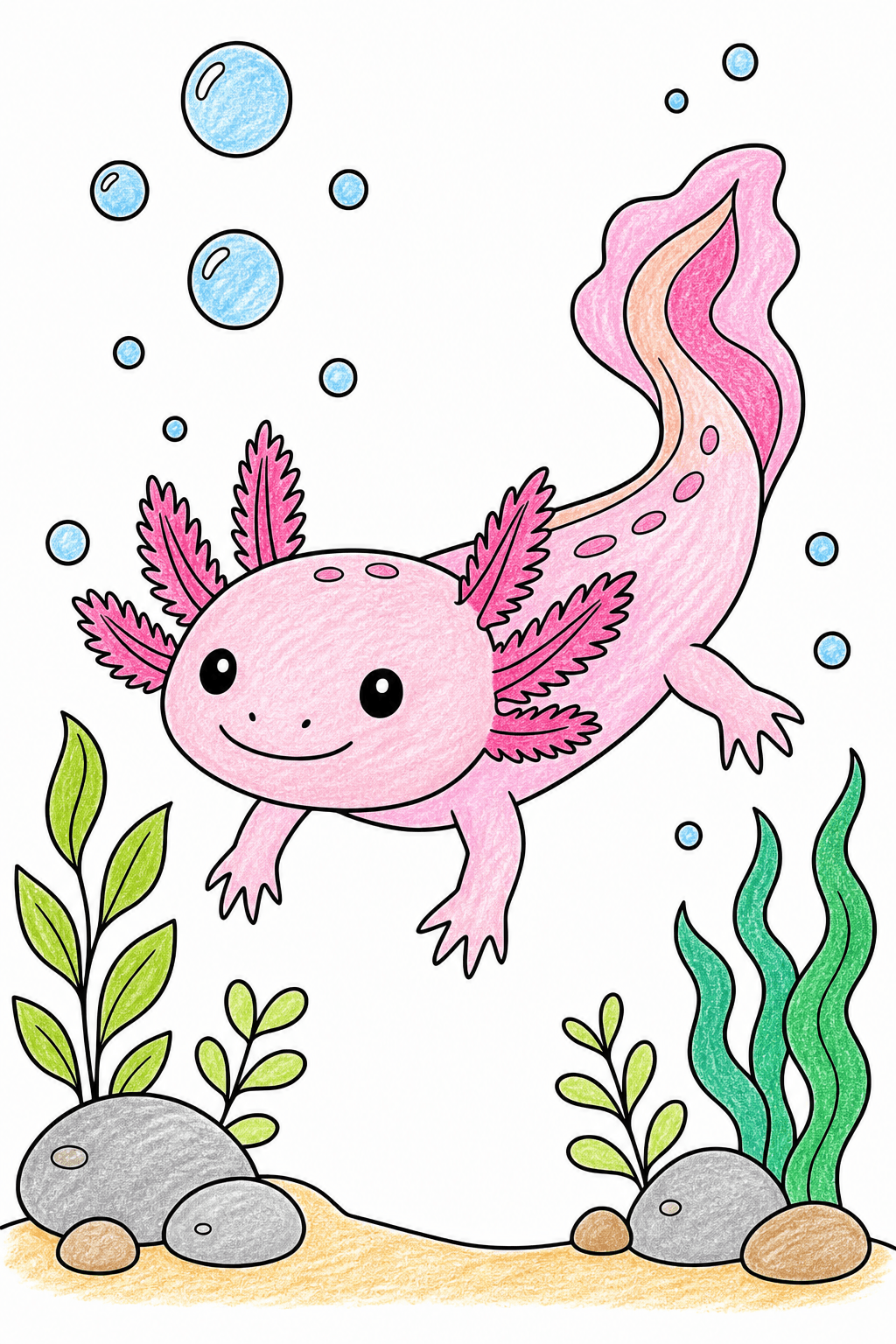 Baby Axolotl with a Spotted Tail crayon colorized preview
