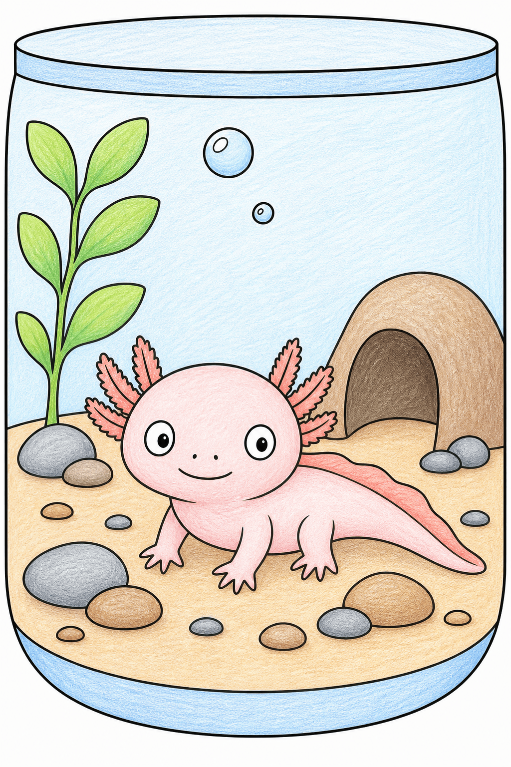 Baby Axolotl in a Cozy Aquarium colored-pencil colorized preview