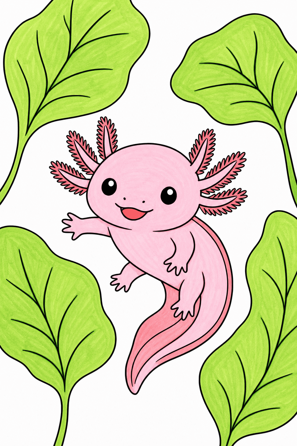 Baby Axolotl Floating Among Leaves marker colorized preview
