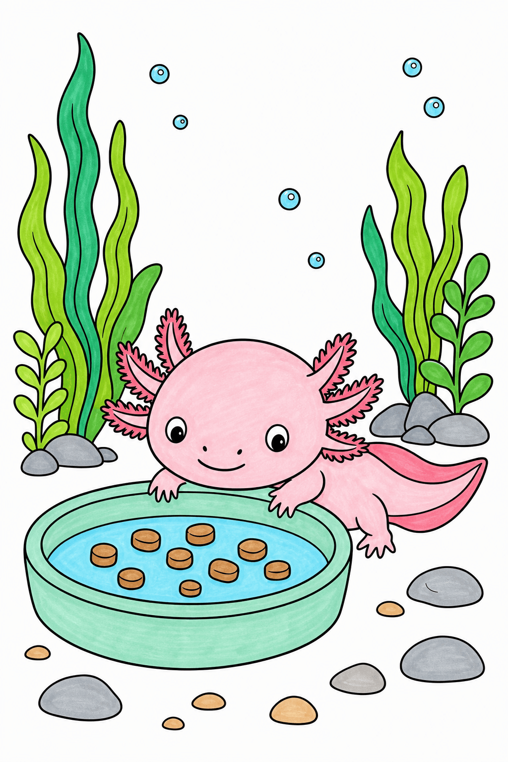 Baby Axolotl at a Food Dish marker colorized preview