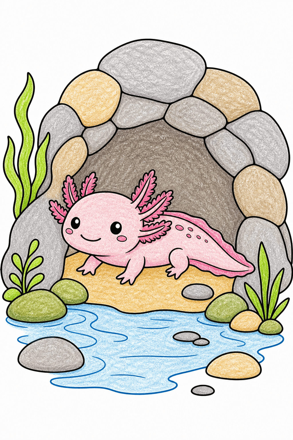 Baby Axolotl Under a Stone Arch crayon colorized preview