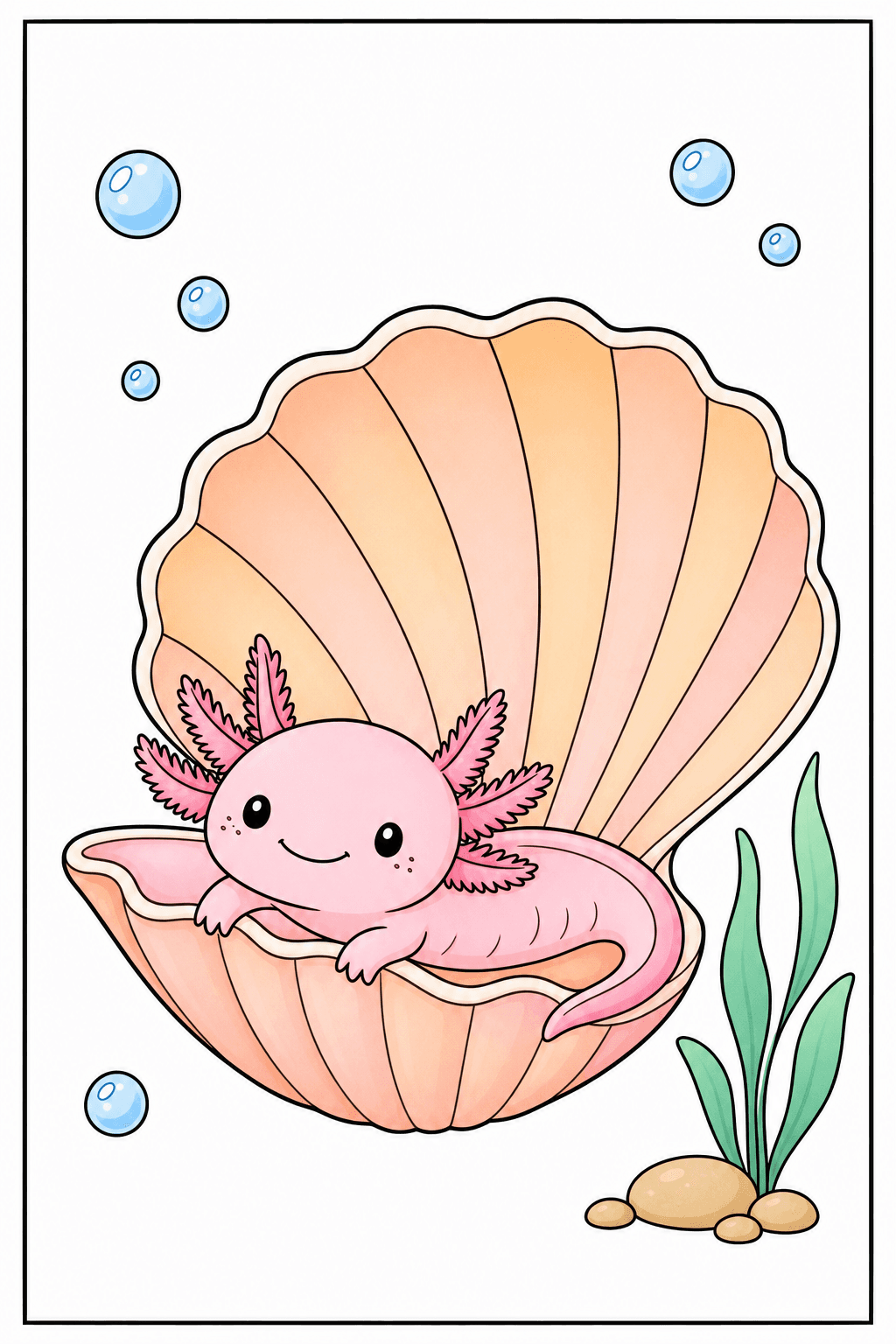 Baby Axolotl Resting in an Open Seashell clean-digital colorized preview