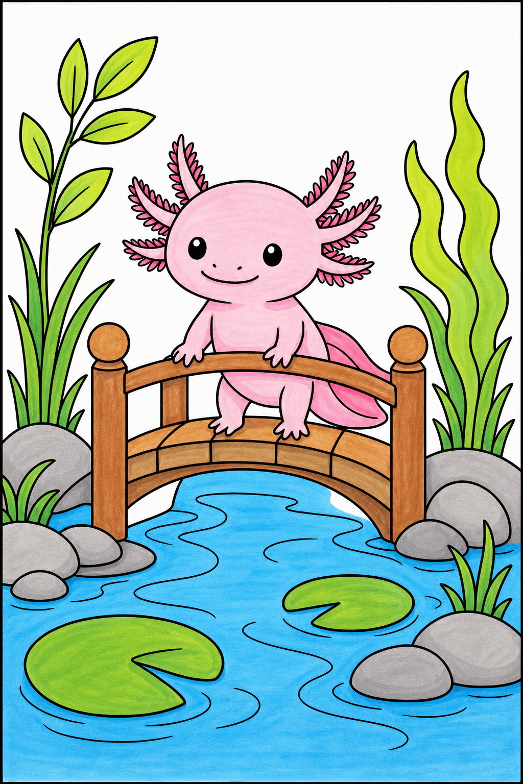 Baby Axolotl Sitting on a Pond Bridge marker colorized preview