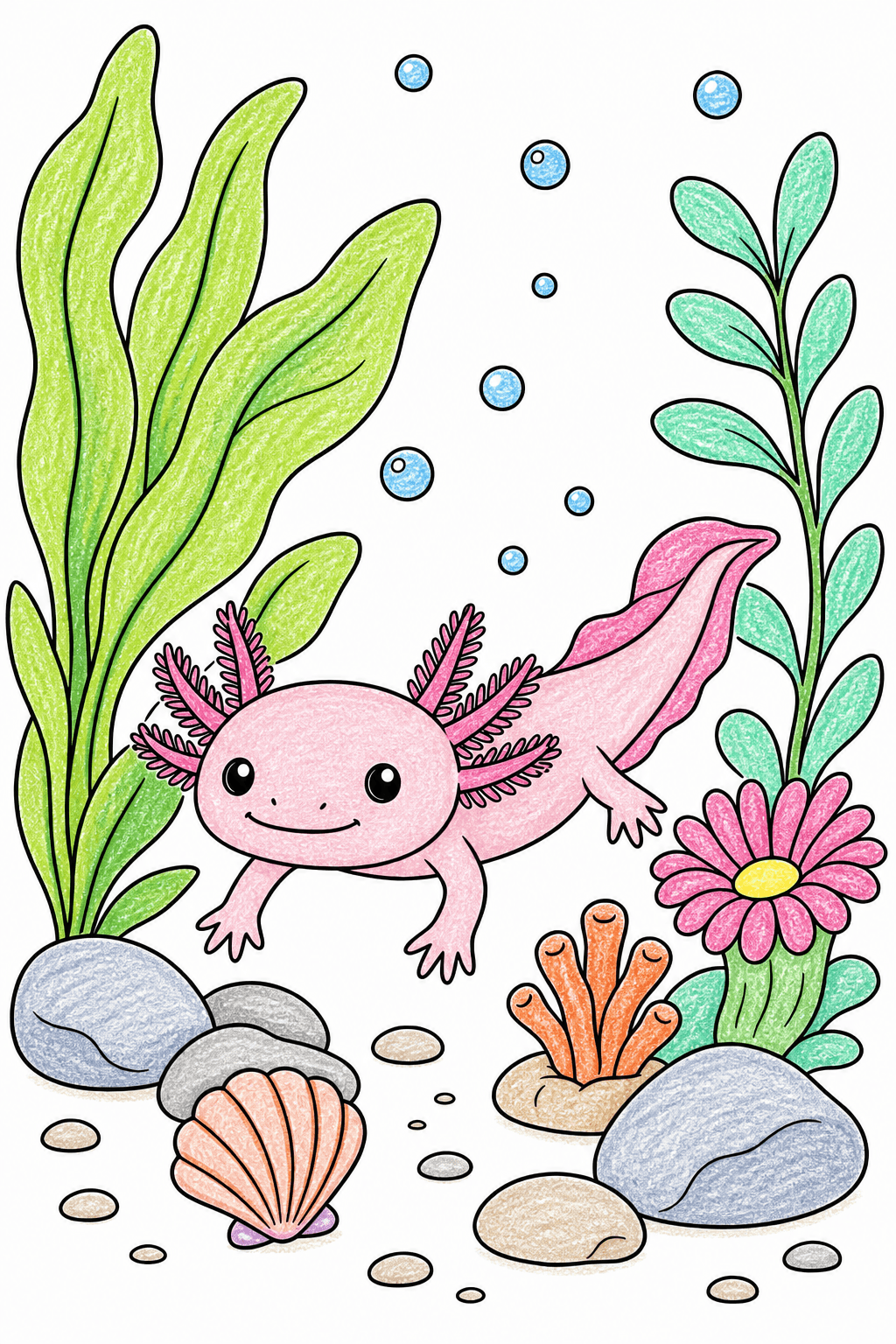 Baby Axolotl Swimming Above a Seashell crayon colorized preview