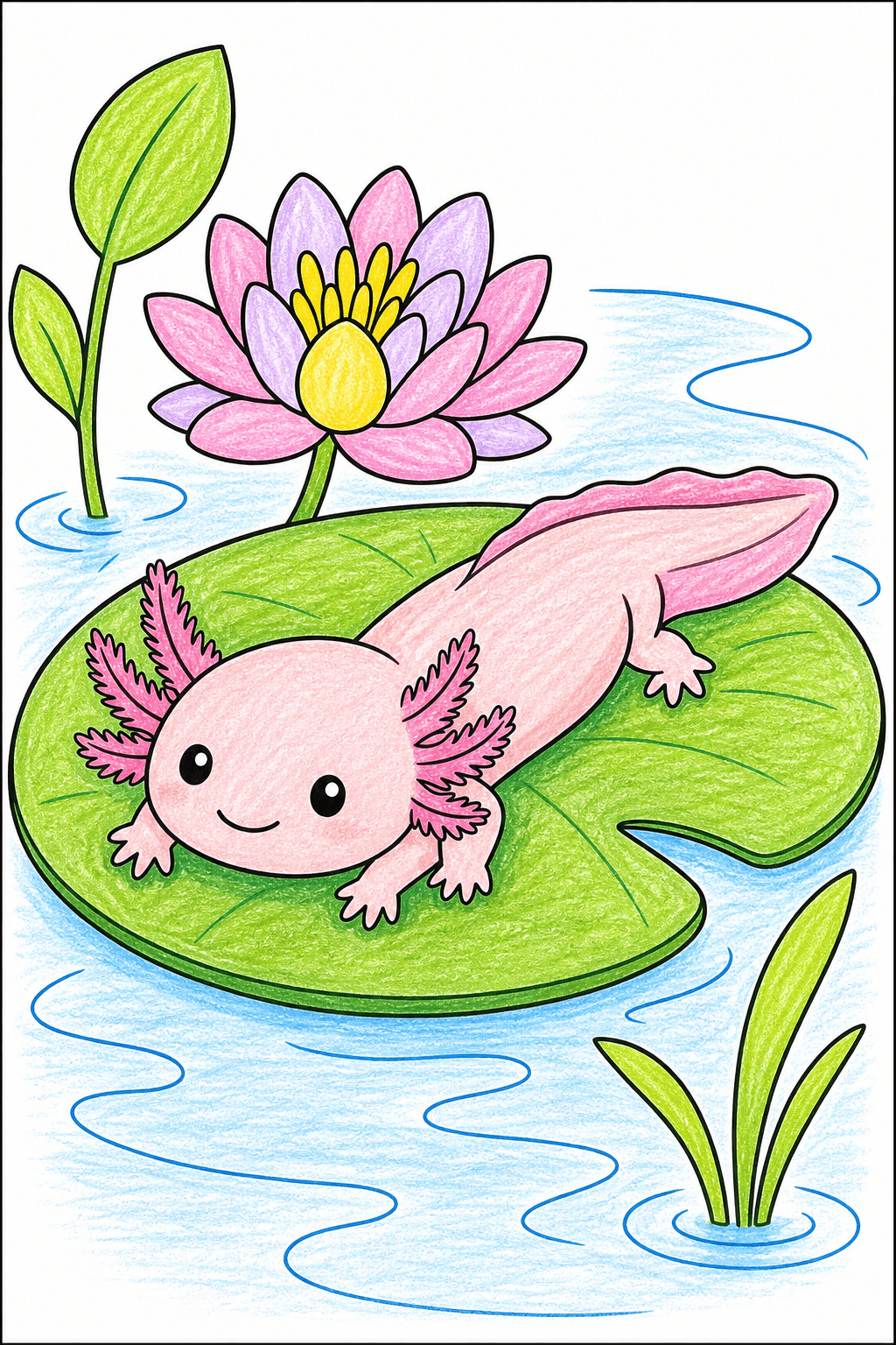 Baby Axolotl Resting on a Lily Pad crayon colorized preview