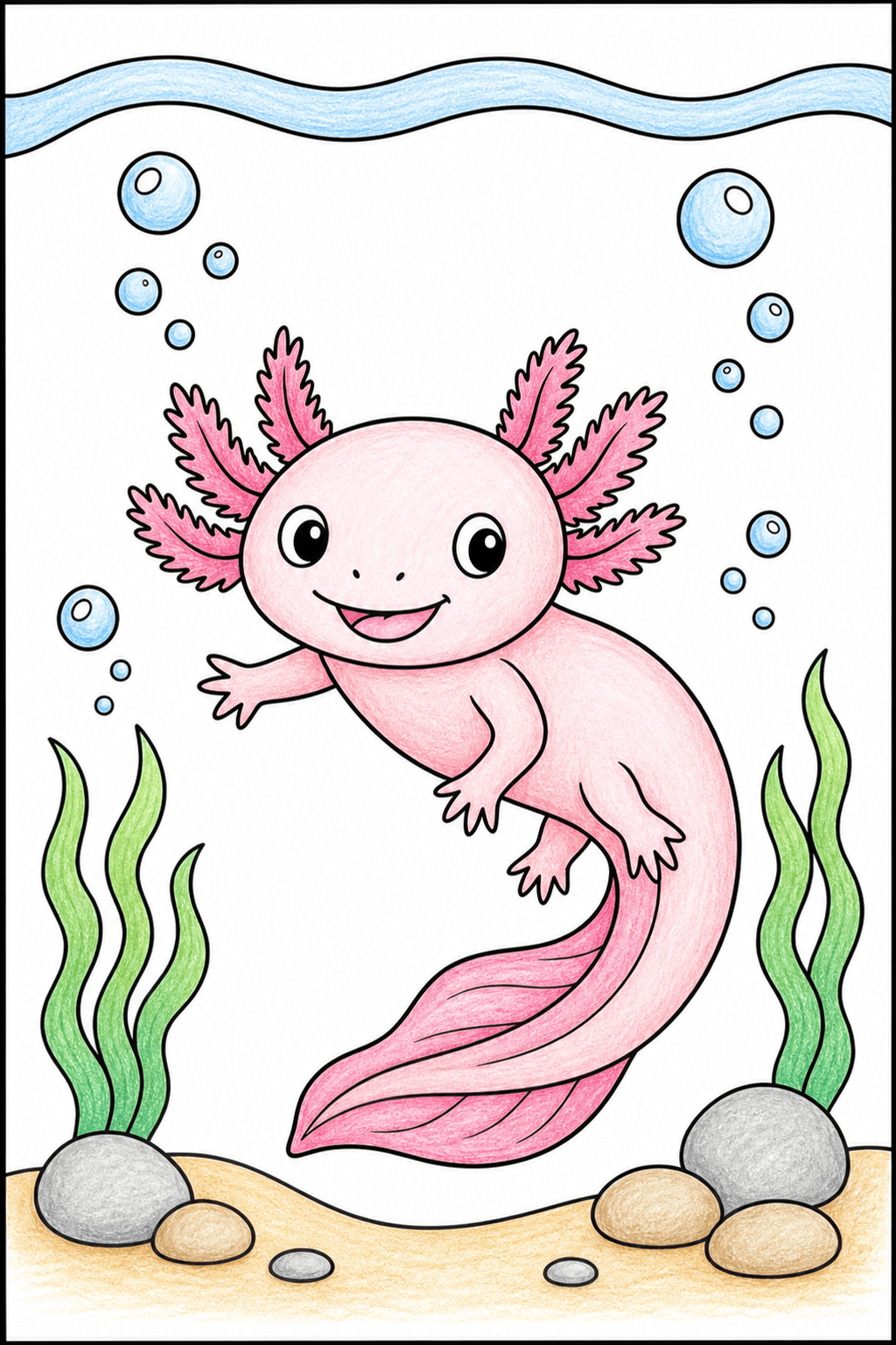 Easy Axolotl with Bubble Trails colored-pencil colorized preview