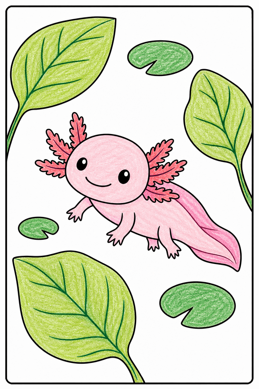 Axolotl Floating Among Leaves crayon colorized preview