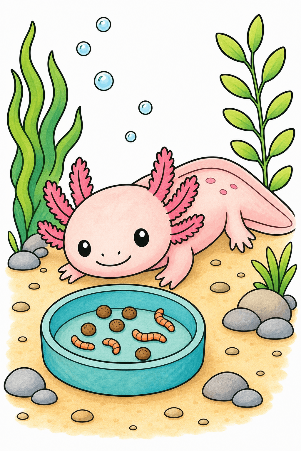 Easy Axolotl Exploring a Food Dish storybook colorized preview