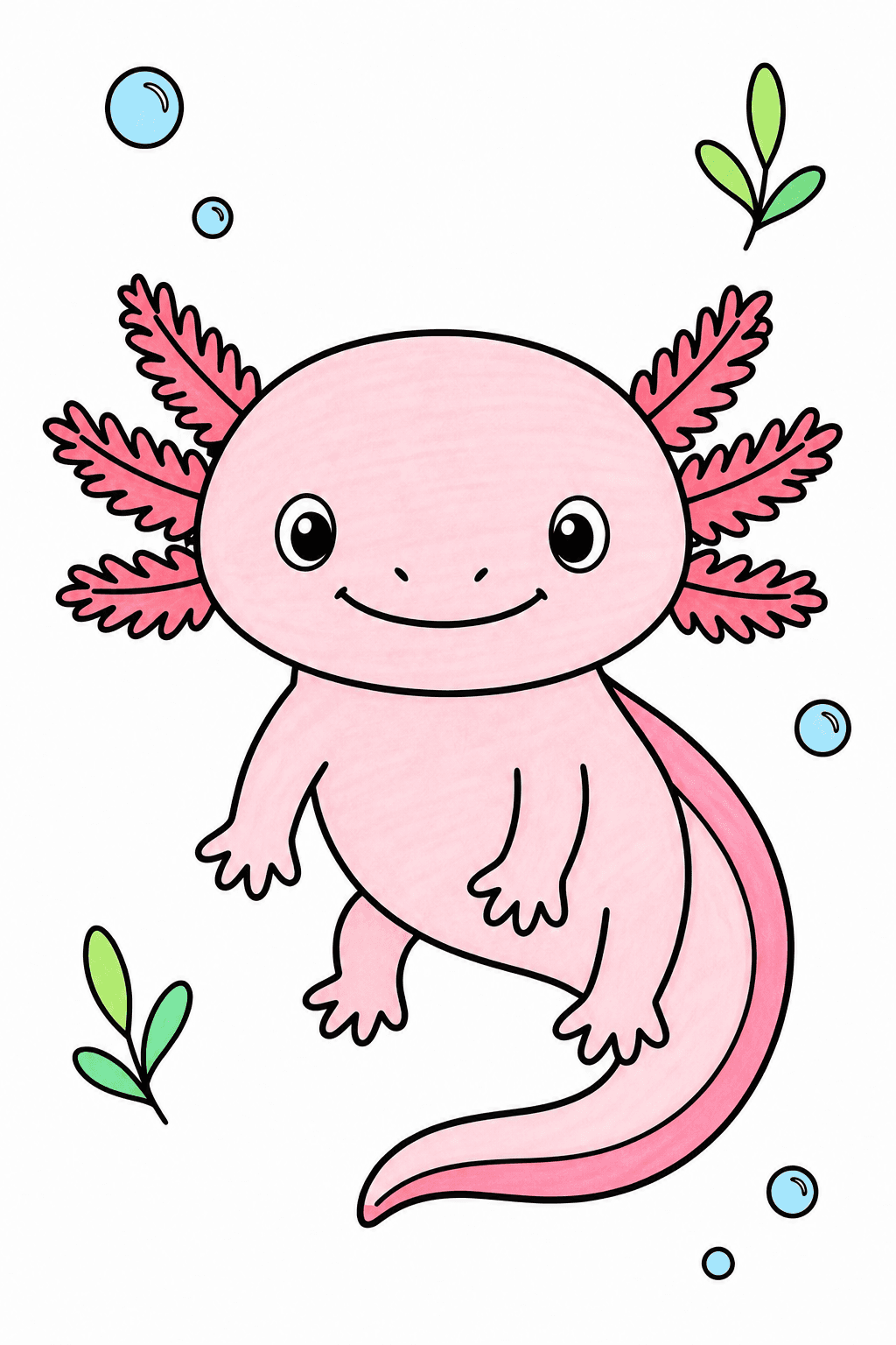 Floating Axolotl with Bubbles and Water Plants marker colorized preview