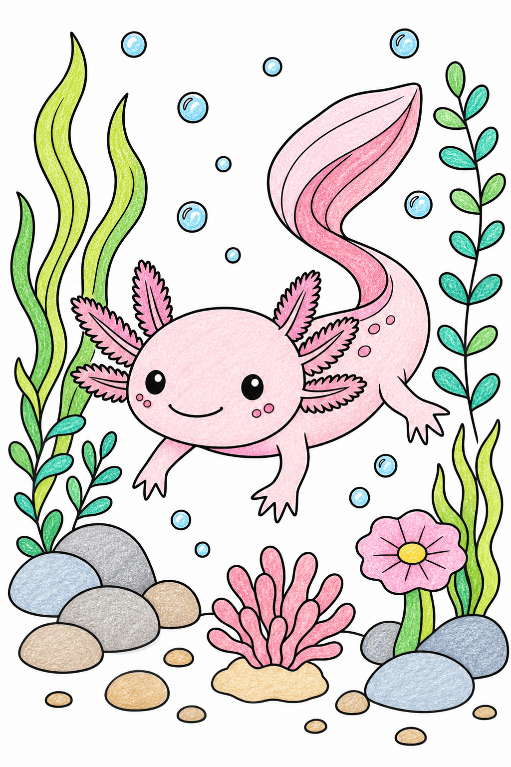 Easy Axolotl in an Underwater Garden crayon colorized preview