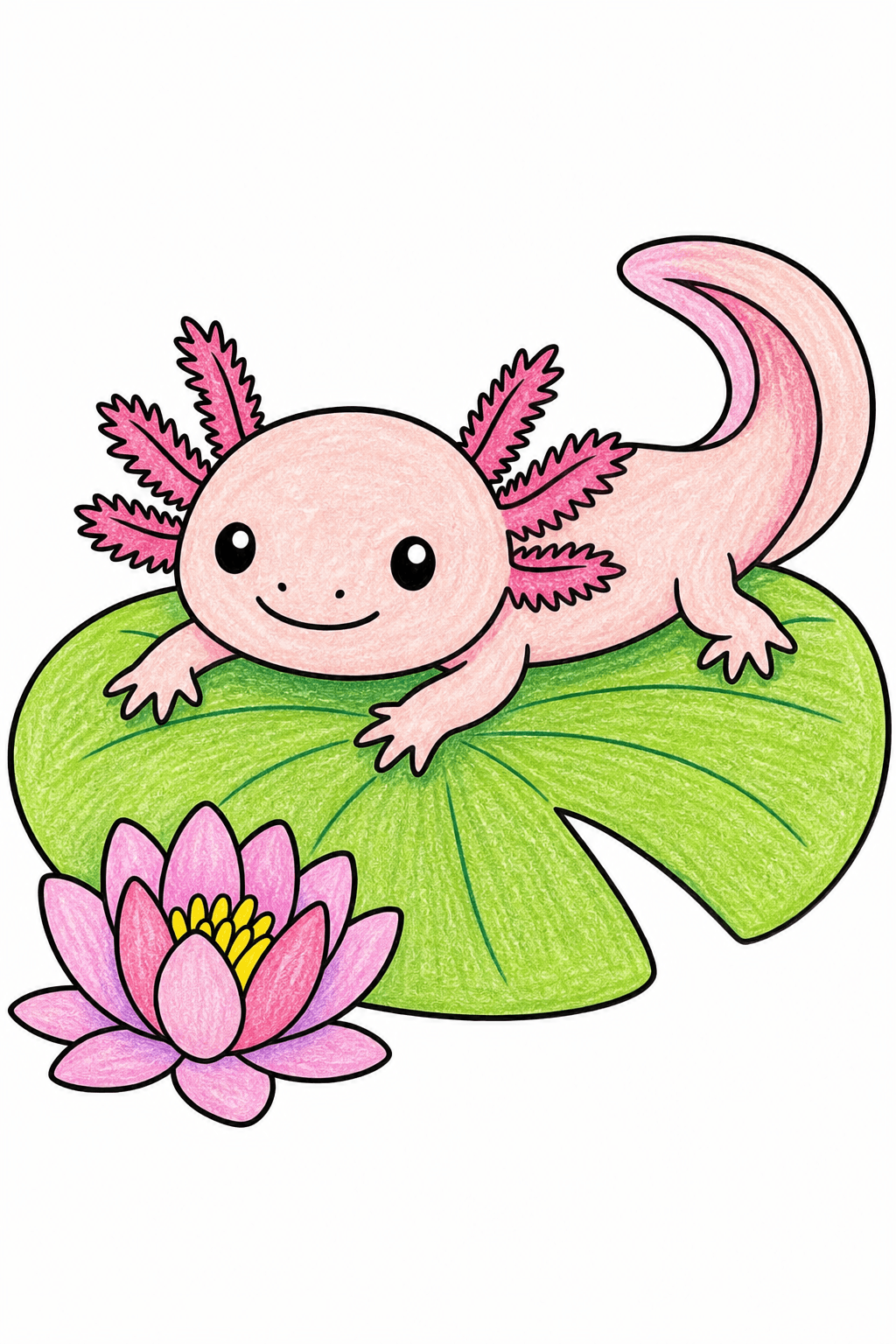 Easy Axolotl on a Lily Pad crayon colorized preview