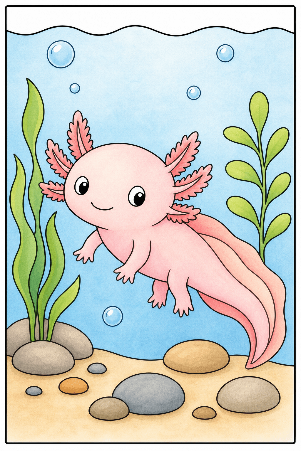 Kawaii Axolotl with Aquarium Plants storybook colorized preview
