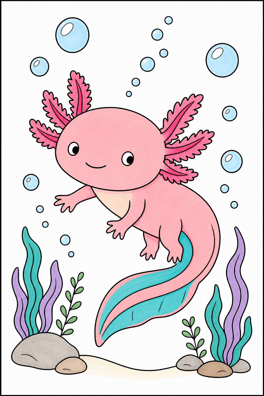 Kawaii Axolotl Among Rising Bubbles marker colorized preview
