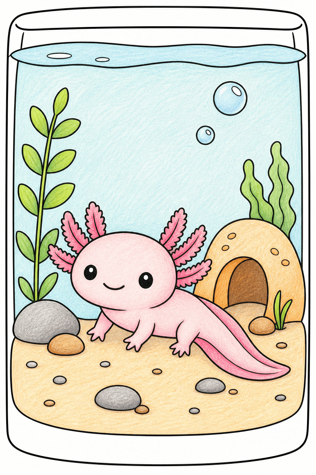Axolotl Resting in a Cozy Aquarium colored-pencil colorized preview