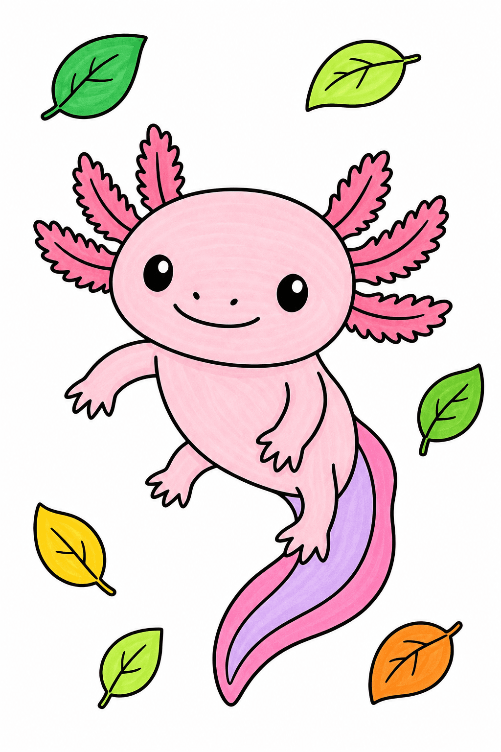 Kawaii Axolotl with Floating Leaves marker colorized preview