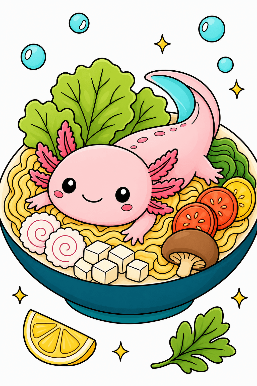 Kawaii Axolotl in a Noodle Bowl clean-digital colorized preview