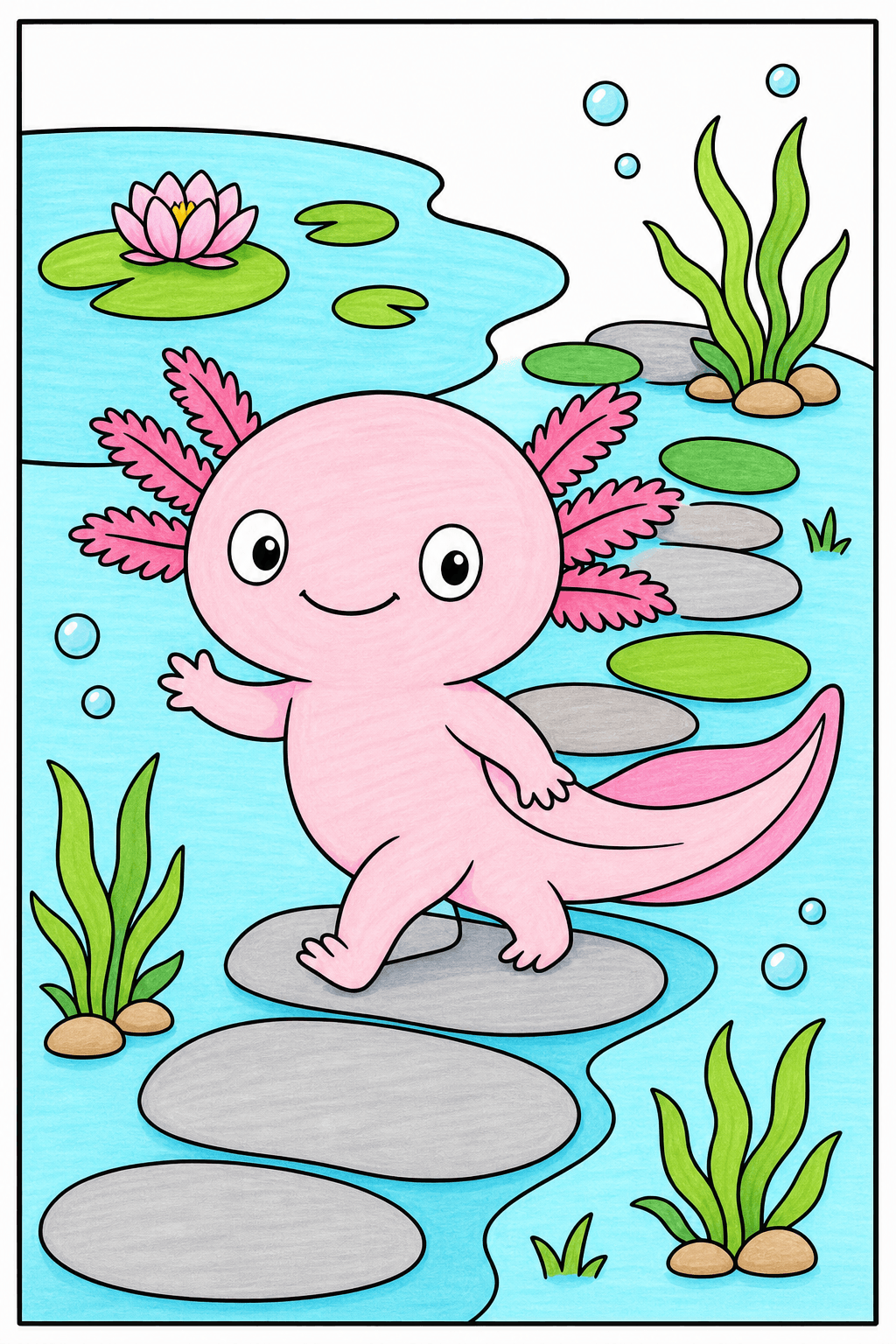 Smiling Axolotl on a Pebble Path marker colorized preview