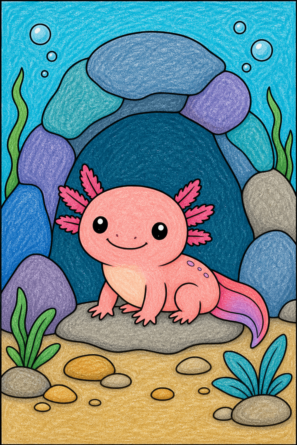 Kawaii Axolotl Sitting in a Rock Cave crayon colorized preview