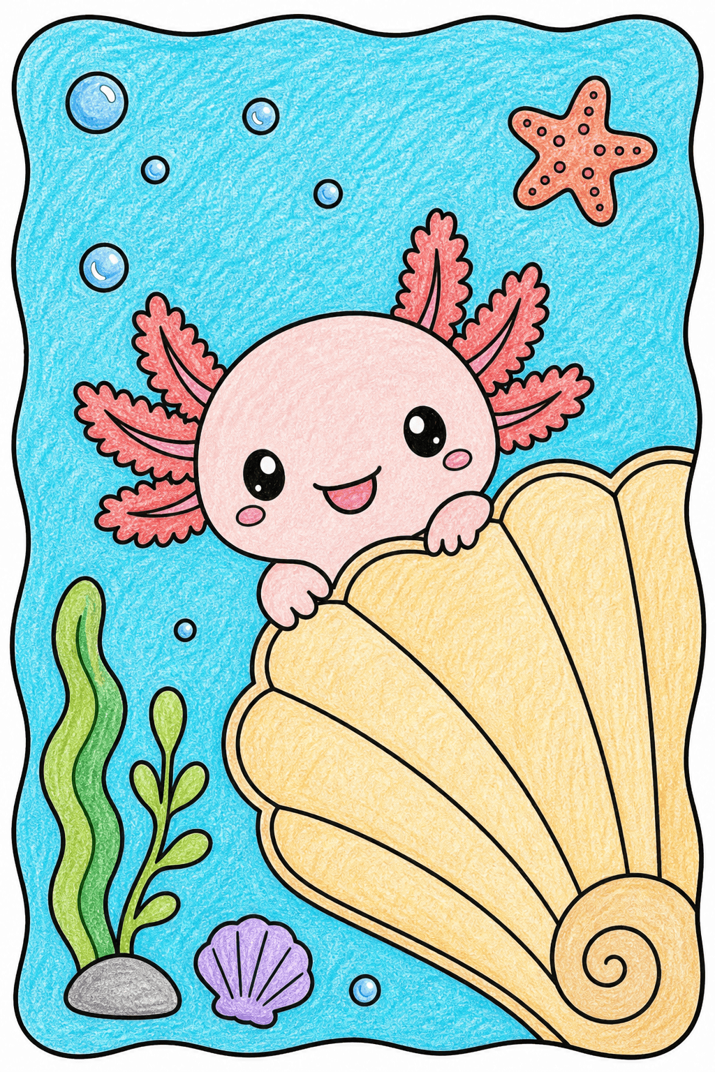 Kawaii Axolotl Peeking from a Seashell crayon colorized preview