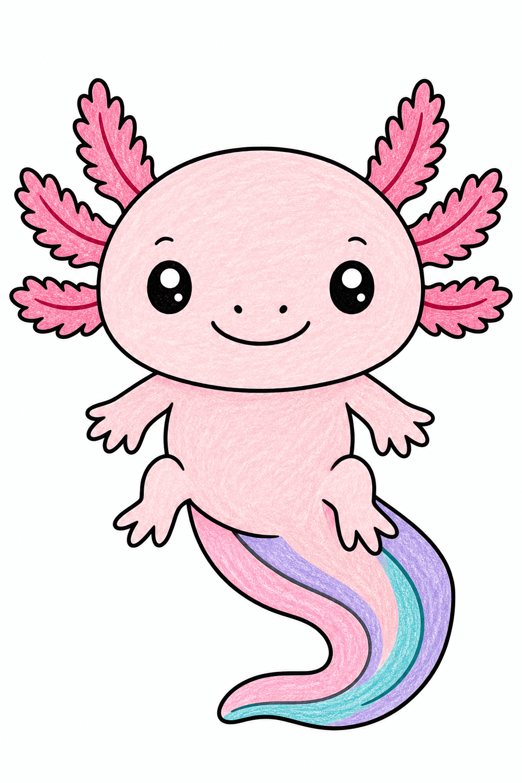 Kawaii Axolotl with a Curled Tail crayon colorized preview