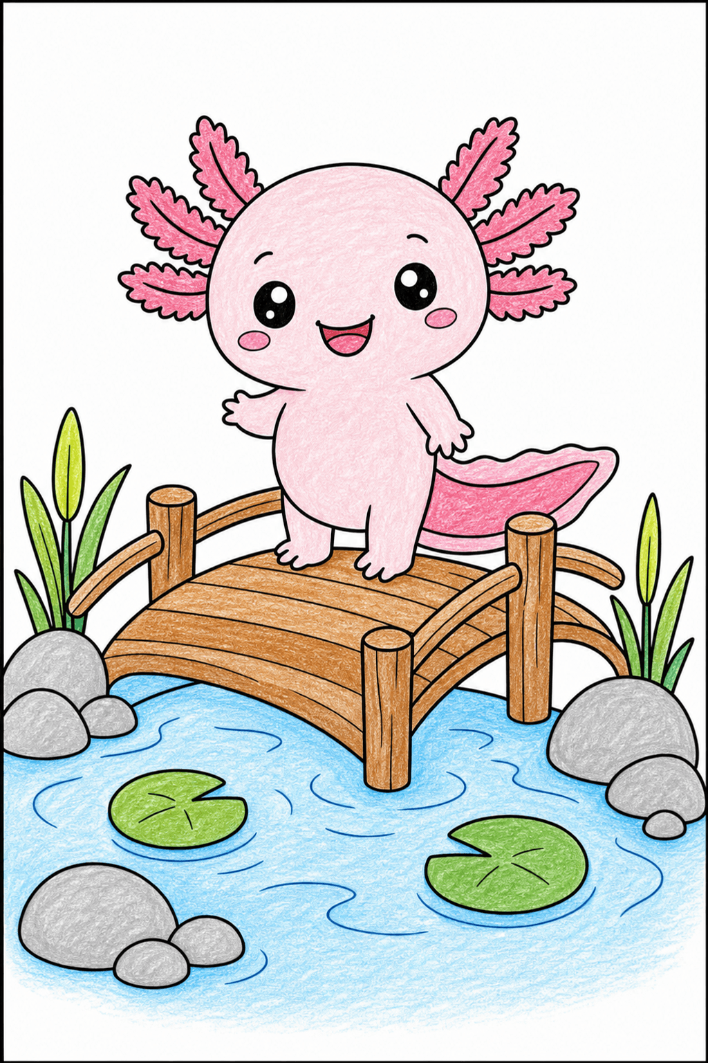 Kawaii Axolotl Standing on a Pond Bridge crayon colorized preview
