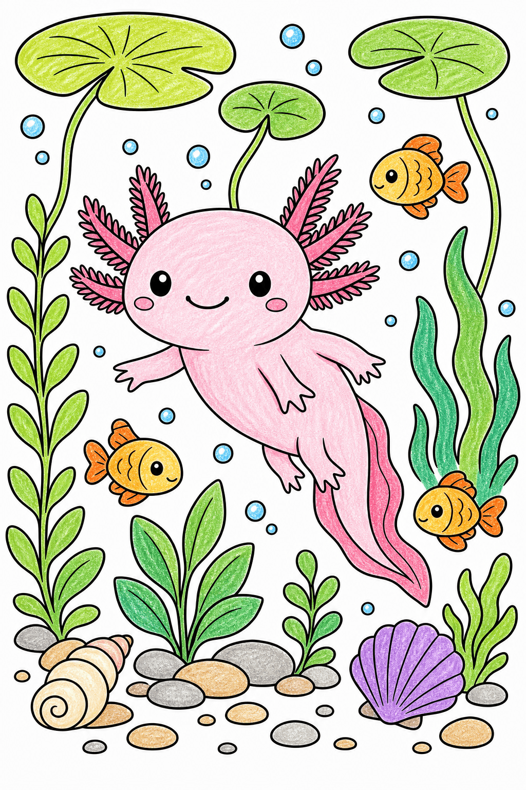 Kawaii Axolotl in an Underwater Garden crayon colorized preview