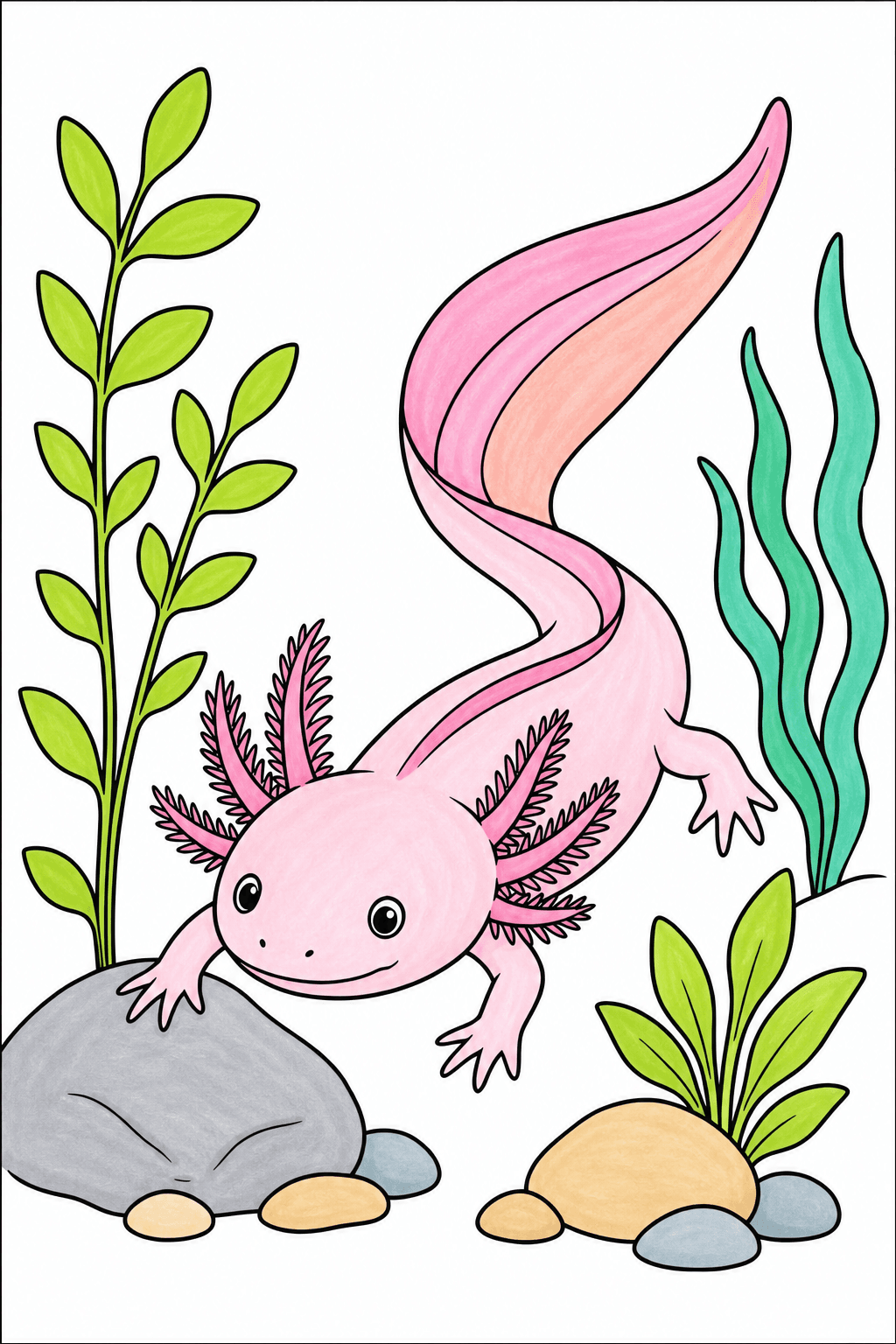 Smiling Axolotl Swimming by Aquarium Rocks marker colorized preview