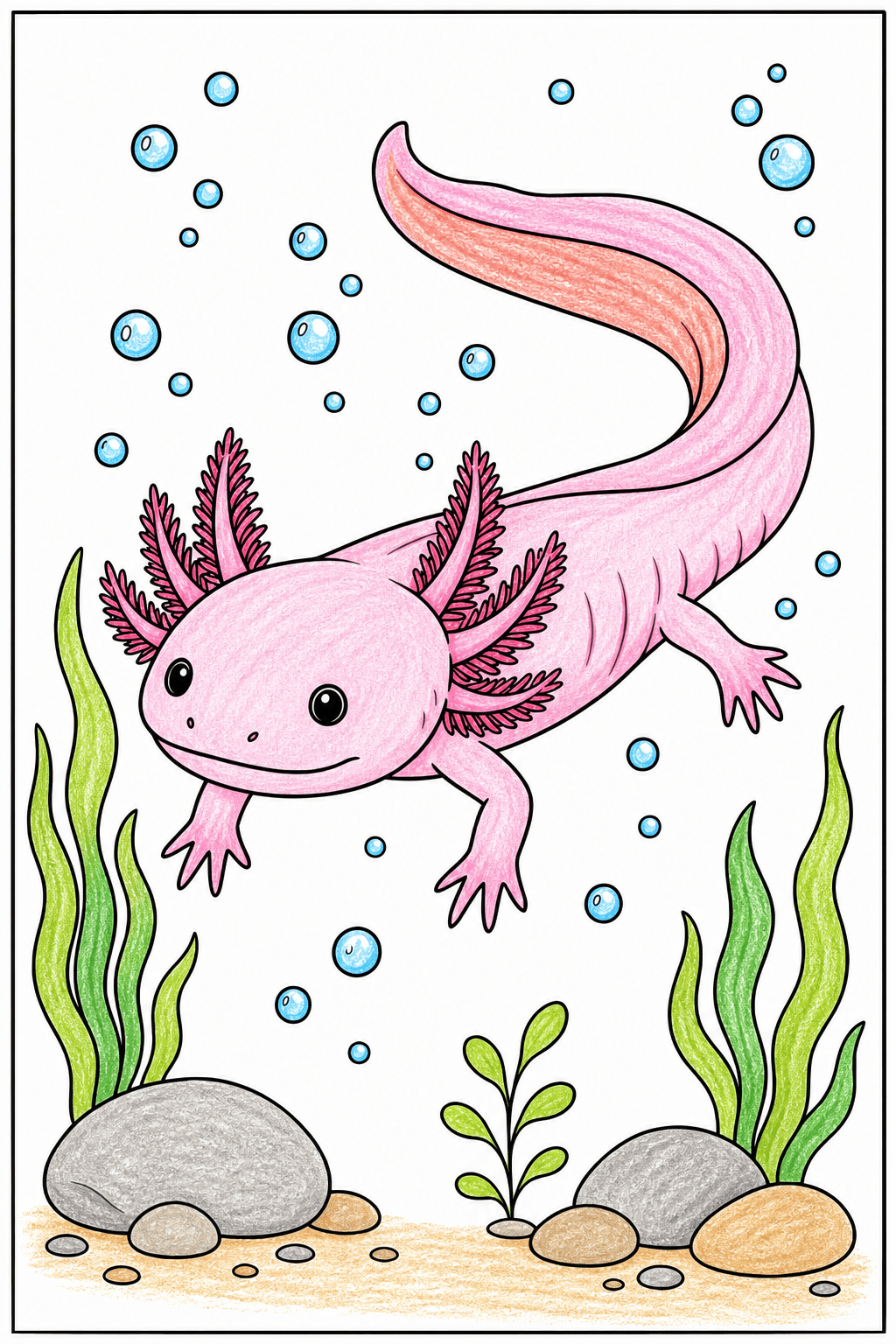 Swimming Axolotl with a Bubble Trail crayon colorized preview