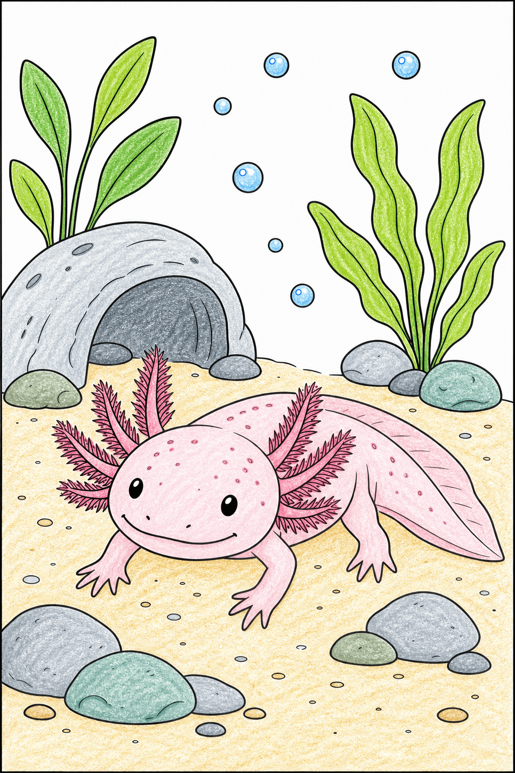 Axolotl in a Cozy Planted Tank crayon colorized preview