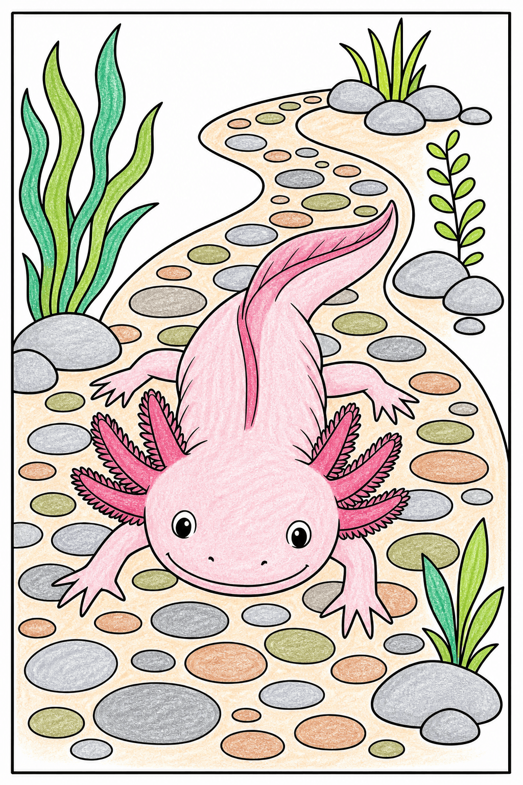 Realistic Axolotl on a Winding Pebble Path crayon colorized preview
