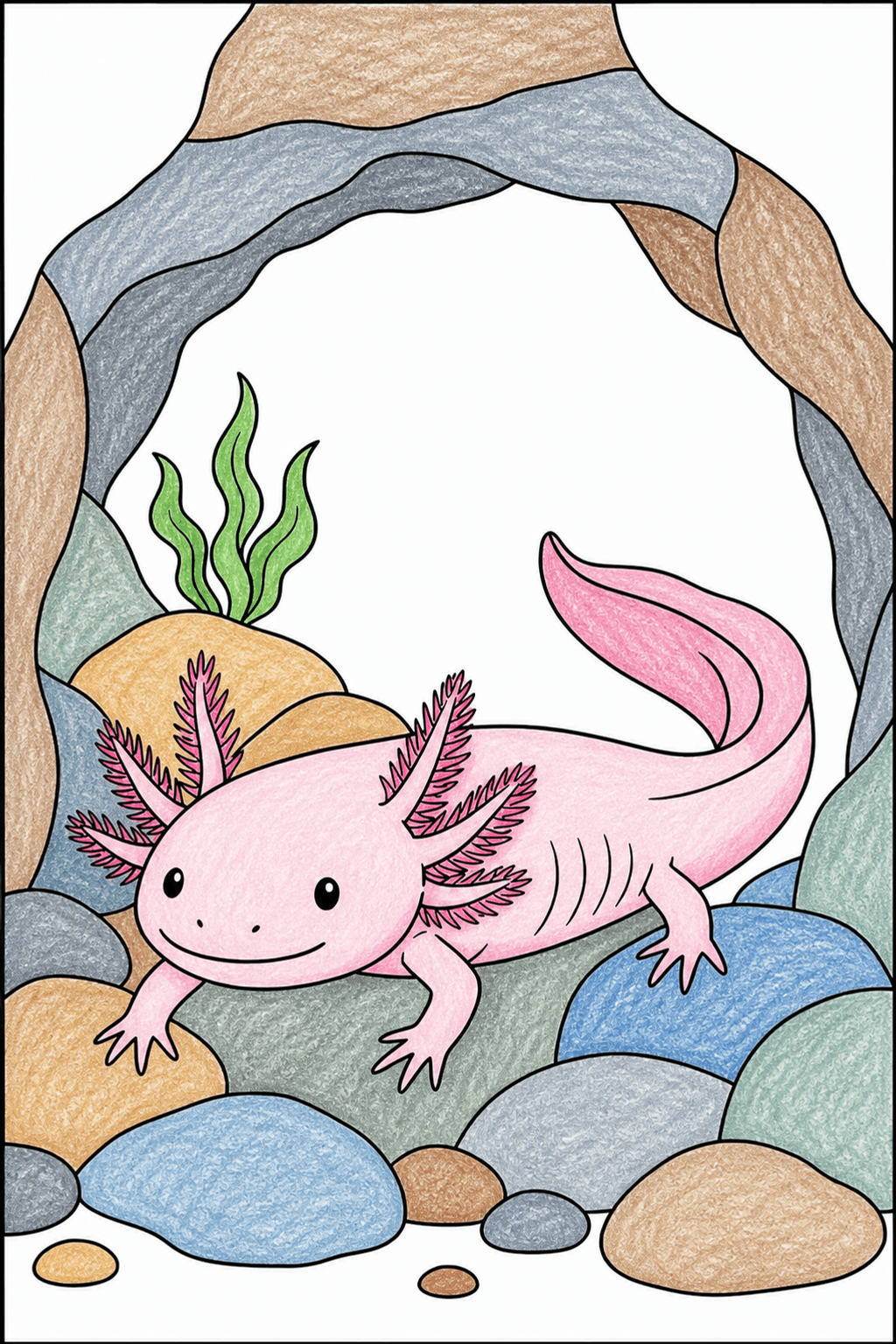 Axolotl Resting on Rounded Cave Rocks crayon colorized preview