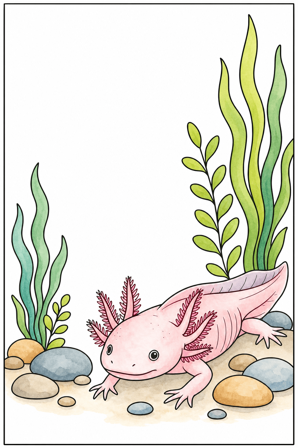 Axolotl Resting Among Underwater Plants watercolor colorized preview