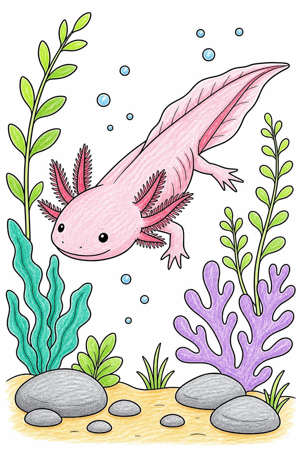 Axolotl Swimming Through an Underwater Garden crayon colorized preview