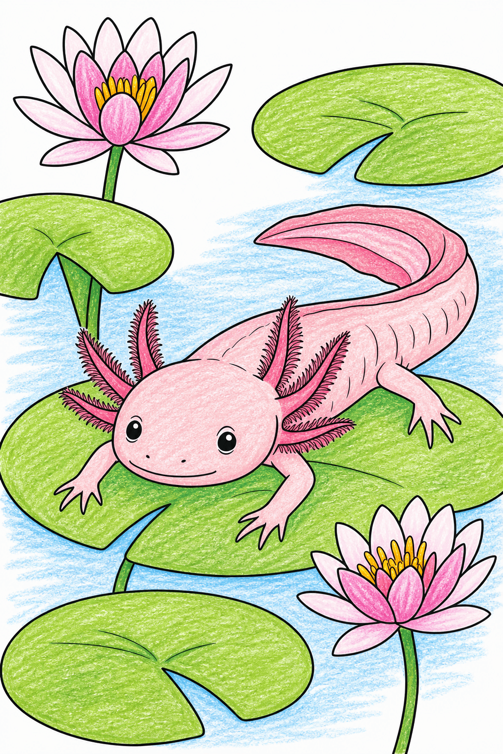 Axolotl Resting Among Water Lilies crayon colorized preview